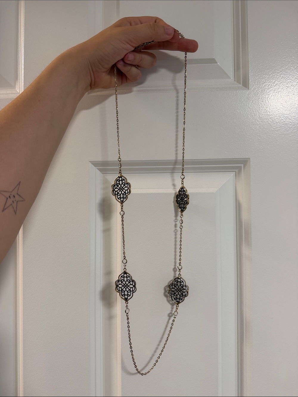 Francesca's Collections Long Antique Silver Filigree Necklace with Black Accents